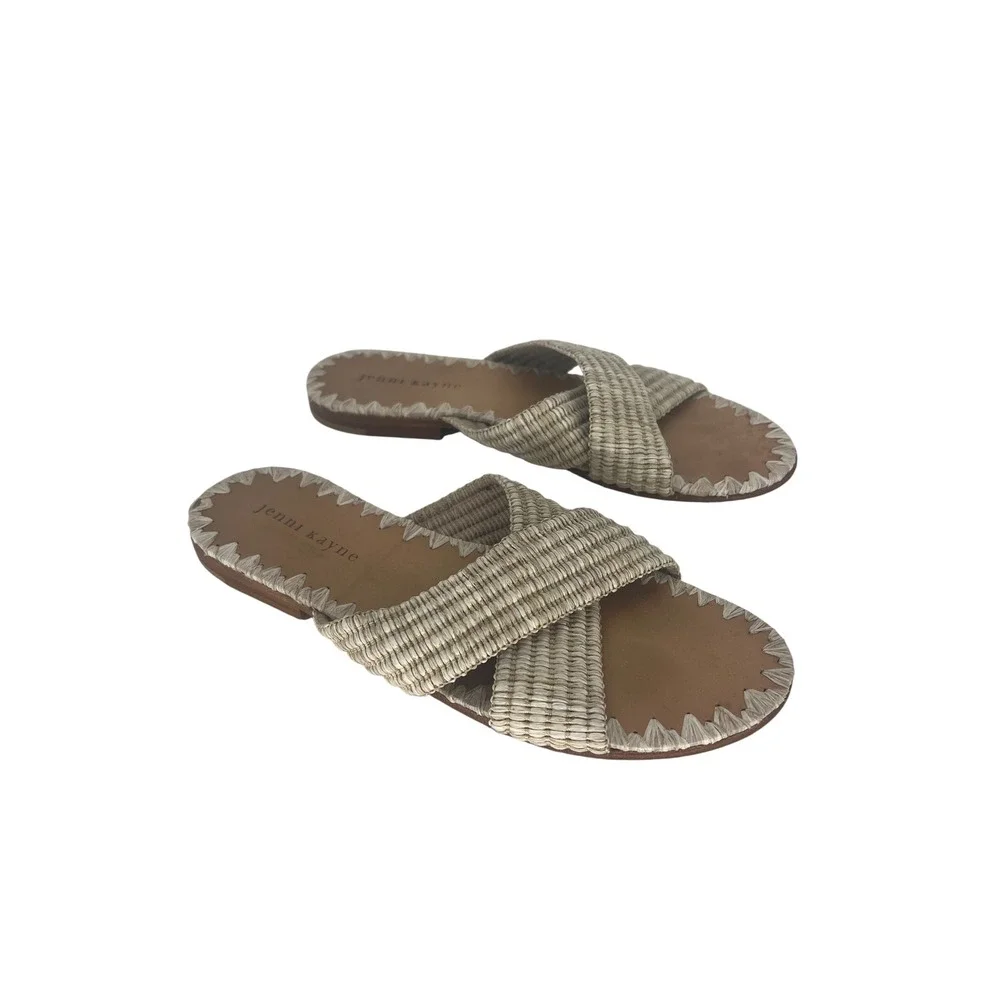 Jenni Kayne Raffia Crossover Sandals Tan Cream Woven Flat Slides Size 38
